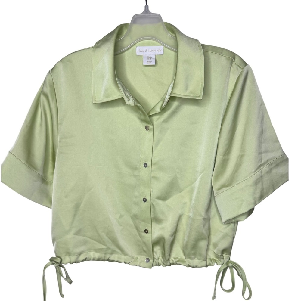 House of Harlow 1960 Sage Green Satin Cropped Button Down Blouse Top Medium